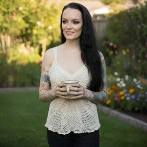 Harry Angel ✦ Sheer Crochet Beaded Ribbon Detail Tank ✦ Boho Lace Top M/L